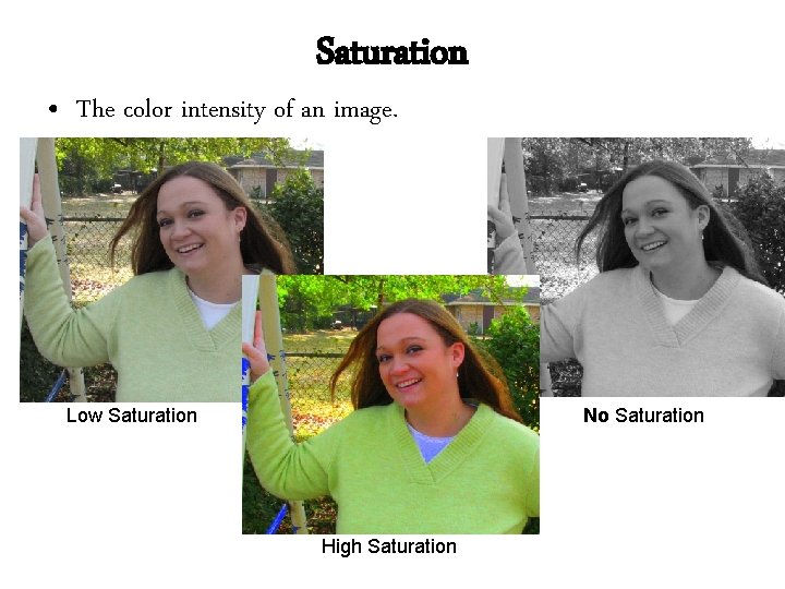 Saturation • The color intensity of an image. Low Saturation No Saturation High Saturation Saturation • The color intensity of an image. Low Saturation No Saturation High Saturation