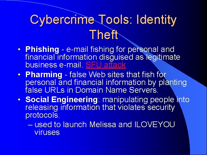 Cybercrime Tools: Identity Theft • Phishing - e-mail fishing for personal and financial information
