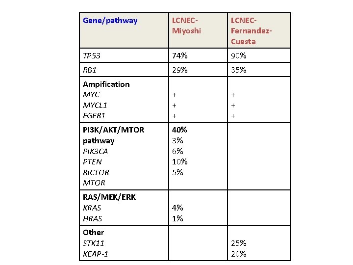 Gene/pathway LCNECMiyoshi LCNECFernandez. Cuesta TP 53 74% 90% RB 1 29% 35% Ampification MYCL