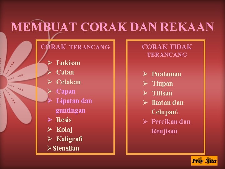 MEMBUAT CORAK DAN REKAAN CORAK TERANCANG CORAK TIDAK TERANCANG Ø Ø Ø Lukisan Catan