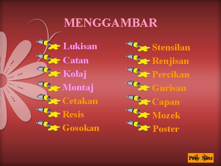 MENGGAMBAR Lukisan Catan Kolaj Montaj Cetakan Resis Gosokan Stensilan Renjisan Percikan Gurisan Capan Mozek