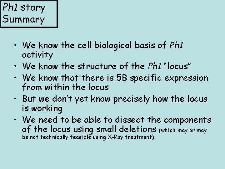 Ph 1 story Summary • We know the cell biological basis of Ph 1