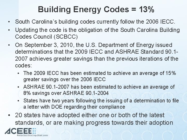 Building Energy Codes = 13% • South Carolina’s building codes currently follow the 2006