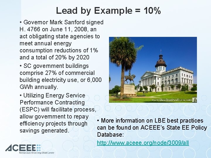 Lead by Example = 10% • Governor Mark Sanford signed H. 4766 on June