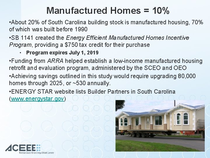 Manufactured Homes = 10% • About 20% of South Carolina building stock is manufactured