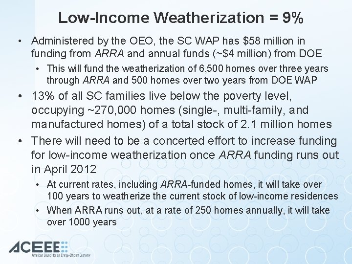 Low-Income Weatherization = 9% • Administered by the OEO, the SC WAP has $58