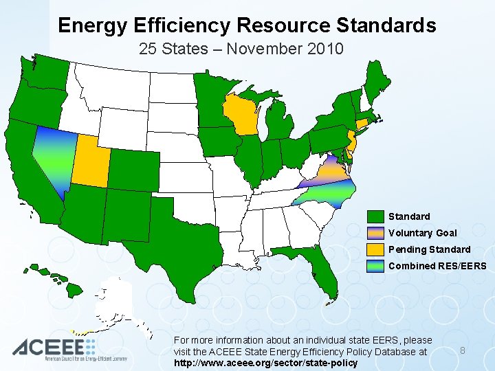 Energy Efficiency Resource Standards 25 States – November 2010 Standard Voluntary Goal Pending Standard