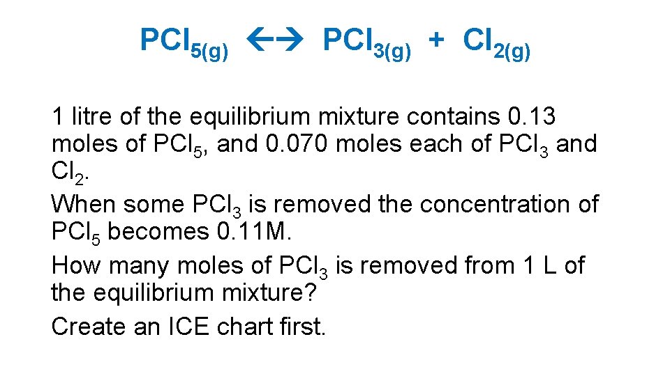 PCl 5(g) PCl 3(g) + Cl 2(g) 1 litre of the equilibrium mixture contains PCl 5(g) PCl 3(g) + Cl 2(g) 1 litre of the equilibrium mixture contains