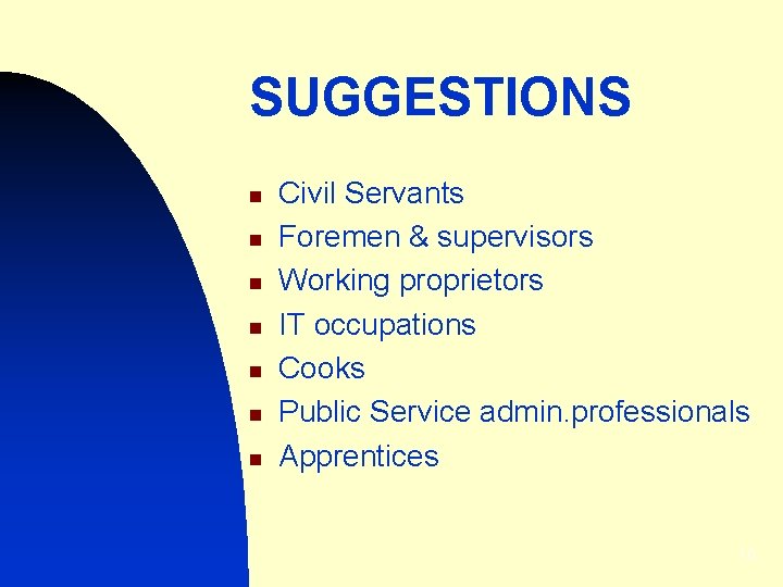 SUGGESTIONS n n n n Civil Servants Foremen & supervisors Working proprietors IT occupations