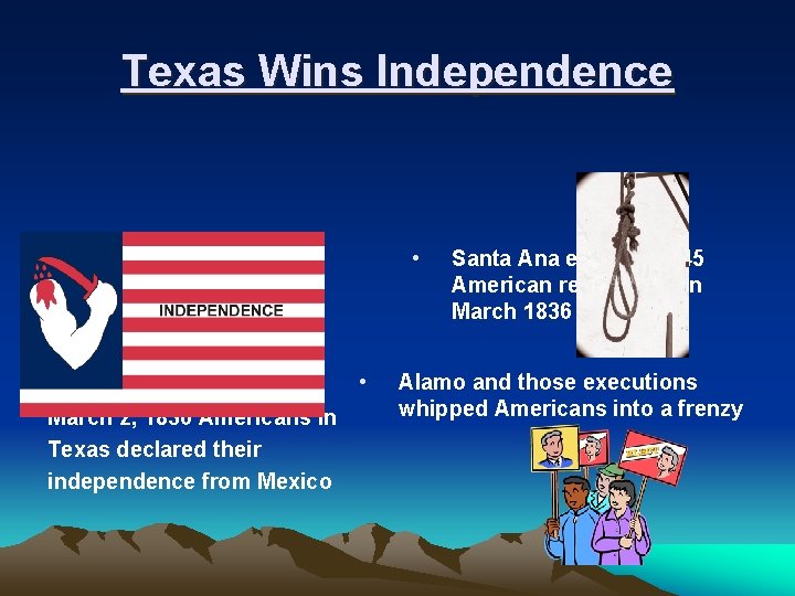 Texas Wins Independence • • March 2, 1836 Americans in Texas declared their independence