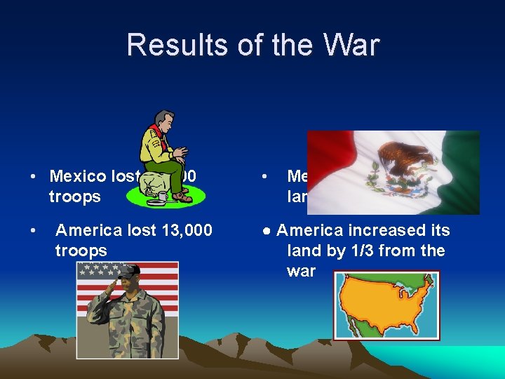 Results of the War • Mexico lost 50, 000 troops • • ● America