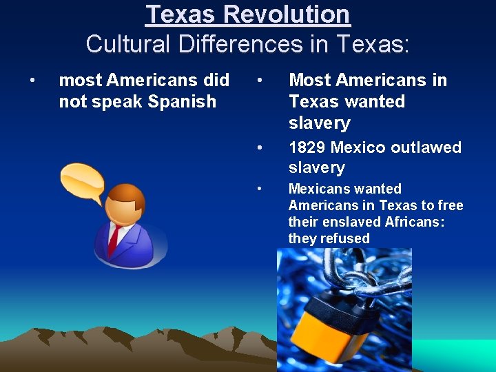 Texas Revolution Cultural Differences in Texas: • most Americans did not speak Spanish •