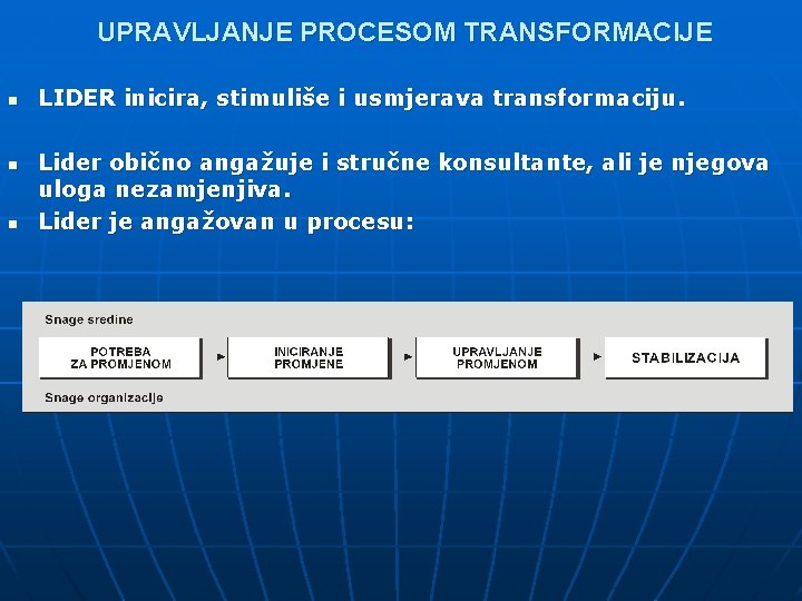 UPRAVLJANJE PROCESOM TRANSFORMACIJE n n n LIDER inicira, stimuliše i usmjerava transformaciju. Lider obično