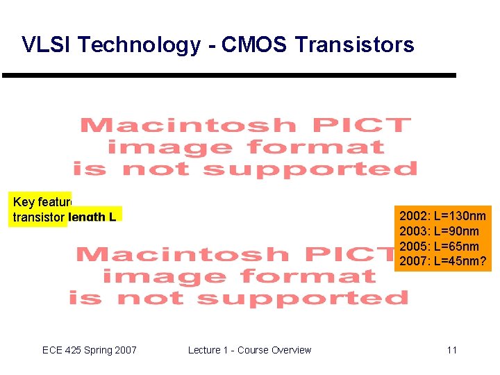 VLSI Technology - CMOS Transistors Key feature: transistor length L ECE 425 Spring 2007