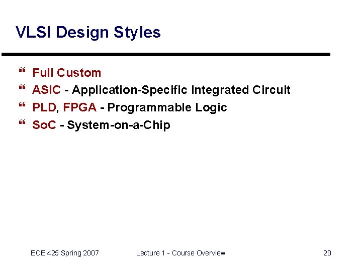 VLSI Design Styles } } Full Custom ASIC - Application-Specific Integrated Circuit PLD, FPGA