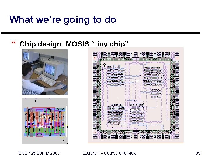 What we’re going to do } Chip design: MOSIS “tiny chip” ECE 425 Spring