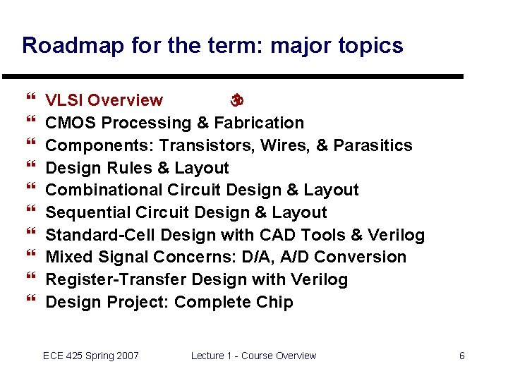 Roadmap for the term: major topics } } } } } VLSI Overview 