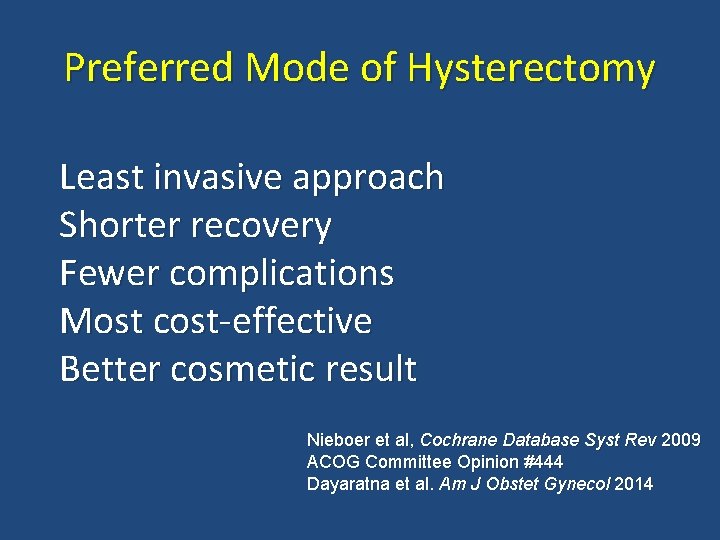 Preferred Mode of Hysterectomy Least invasive approach Shorter recovery Fewer complications Most cost-effective Better Preferred Mode of Hysterectomy Least invasive approach Shorter recovery Fewer complications Most cost-effective Better