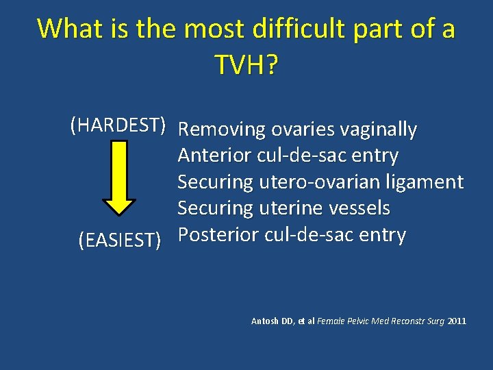 What is the most difficult part of a TVH? (HARDEST) Removing ovaries vaginally Anterior