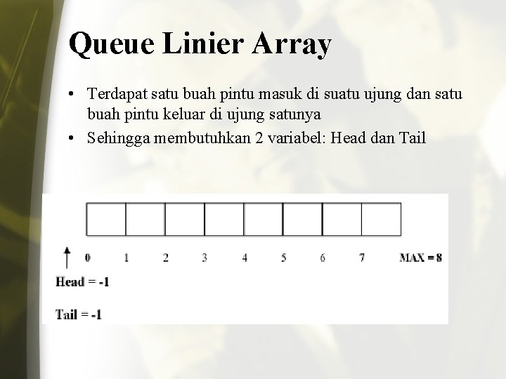 Queue Linier Array • Terdapat satu buah pintu masuk di suatu ujung dan satu