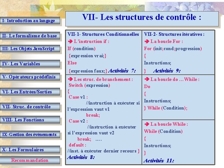 I- Introduction au langage II- Le formalisme de base III- Les Objets Java. Script