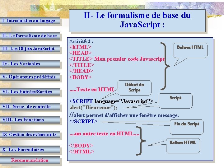 I- Introduction au langage II- Le formalisme de base du Java. Script : II-