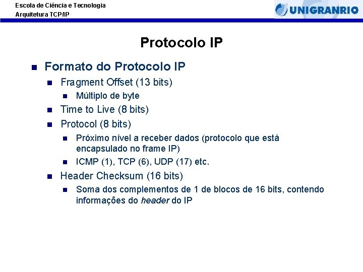Escola de Ciência e Tecnologia Arquitetura TCP/IP Protocolo IP Formato do Protocolo IP Fragment