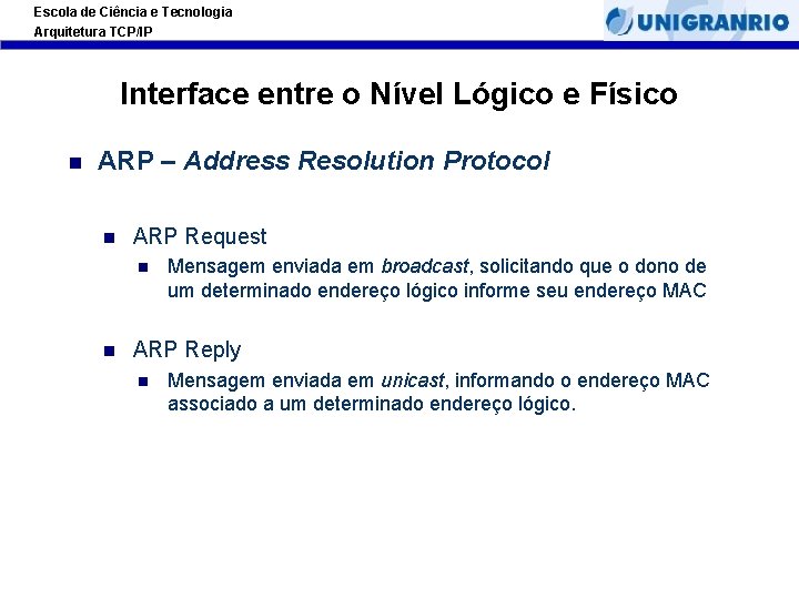 Escola de Ciência e Tecnologia Arquitetura TCP/IP Interface entre o Nível Lógico e Físico