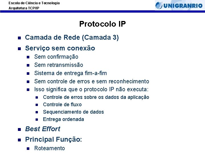 Escola de Ciência e Tecnologia Arquitetura TCP/IP Protocolo IP Camada de Rede (Camada 3)