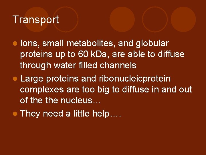 Transport l Ions, small metabolites, and globular proteins up to 60 k. Da, are