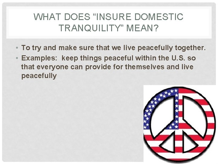 WHAT DOES “INSURE DOMESTIC TRANQUILITY” MEAN? • To try and make sure that we