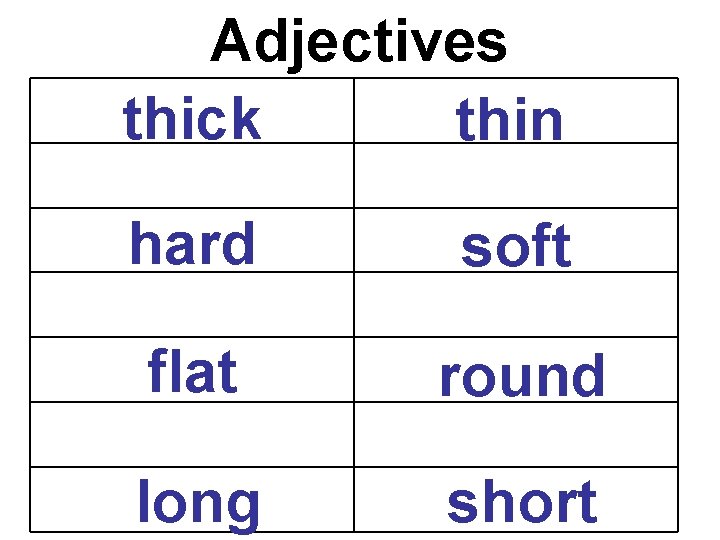 Adjectives thick thin hard soft flat round long short 
