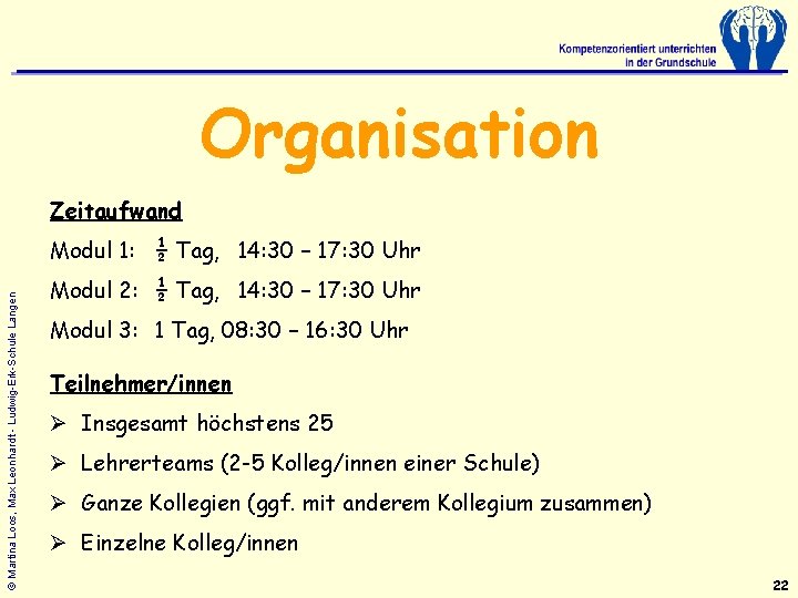 Organisation Zeitaufwand © Martina Loos, Max Leonhardt - Ludwig-Erk-Schule Langen Modul 1: ½ Tag,