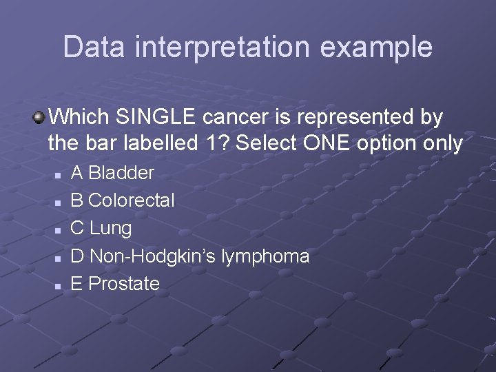 Data interpretation example Which SINGLE cancer is represented by the bar labelled 1? Select