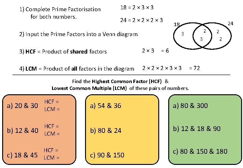 1) Complete Prime Factorisation for both numbers. 18 = 2 × 3 24 =