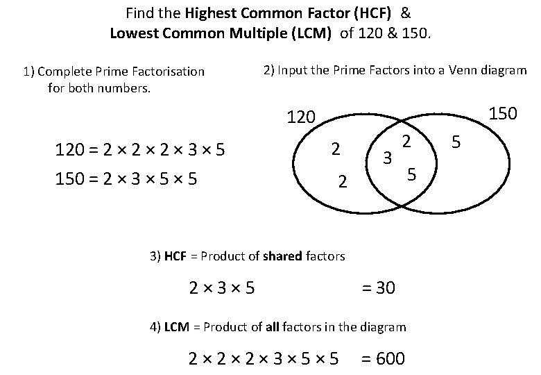 Find the Highest Common Factor (HCF) & Lowest Common Multiple (LCM) of 120 &