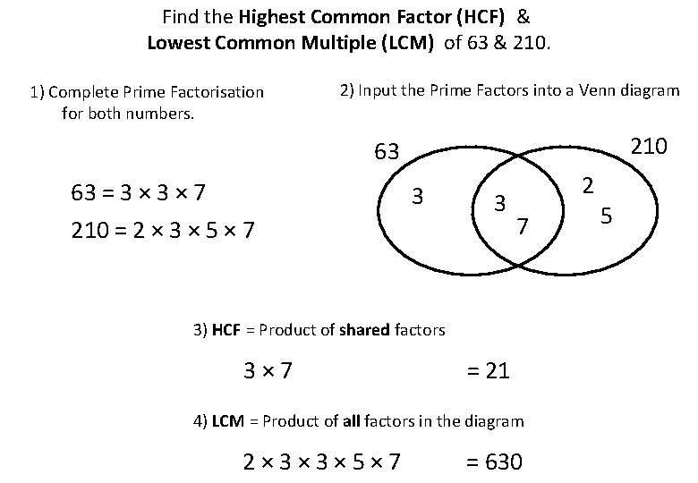 Find the Highest Common Factor (HCF) & Lowest Common Multiple (LCM) of 63 &