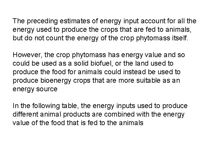 The preceding estimates of energy input account for all the energy used to produce