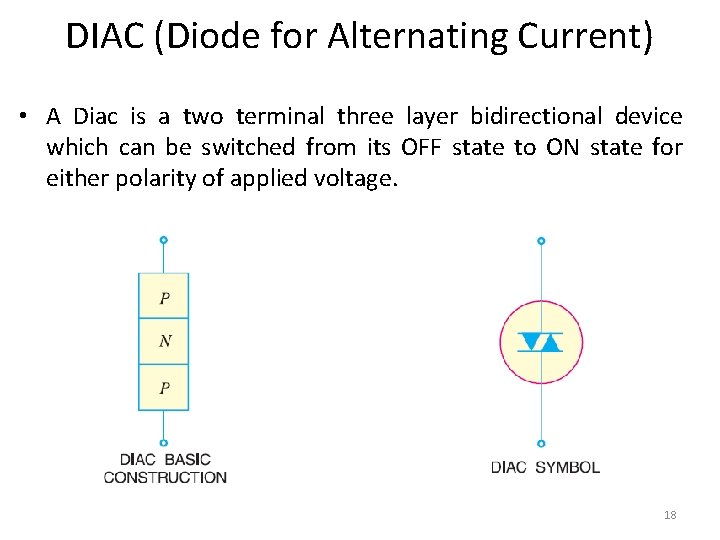 DIAC (Diode for Alternating Current) • A Diac is a two terminal three layer