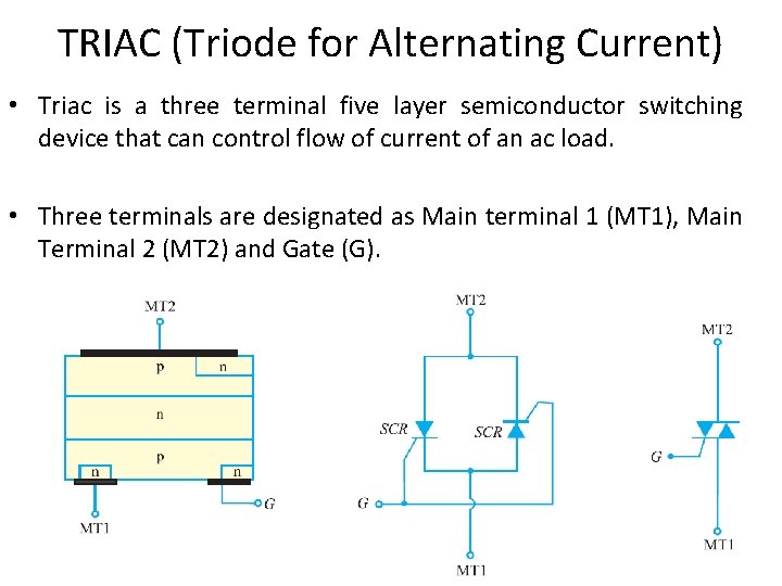 TRIAC (Triode for Alternating Current) • Triac is a three terminal five layer semiconductor