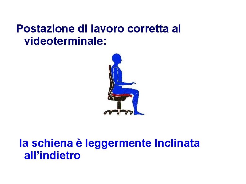 Postazione di lavoro corretta al videoterminale: la schiena è leggermente Inclinata all’indietro 