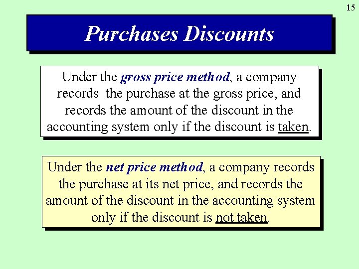 15 Purchases Discounts Under the gross price method, a company records the purchase at