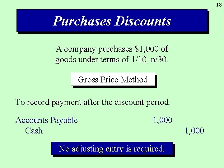 18 Purchases Discounts A company purchases $1, 000 of goods under terms of 1/10,