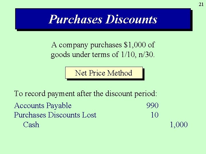 21 Purchases Discounts A company purchases $1, 000 of goods under terms of 1/10,