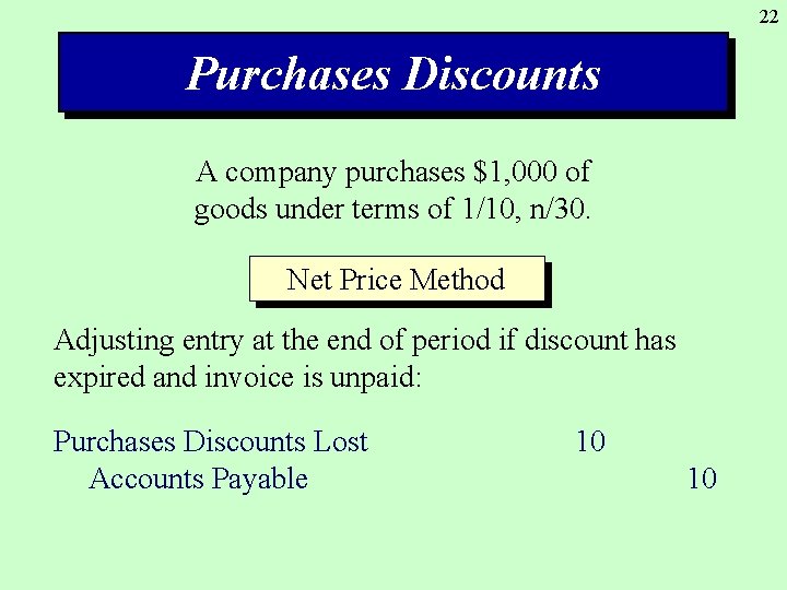 22 Purchases Discounts A company purchases $1, 000 of goods under terms of 1/10,