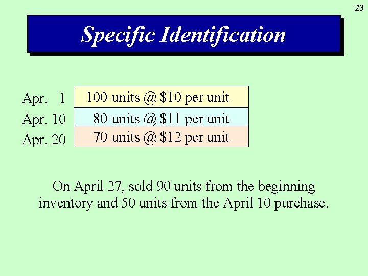 23 Specific Identification Apr. 10 Apr. 20 100 units @ $10 per unit 80