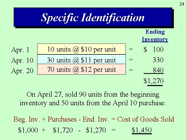 24 Specific Identification Ending Inventory Apr. 10 Apr. 20 10 units @ $10 per