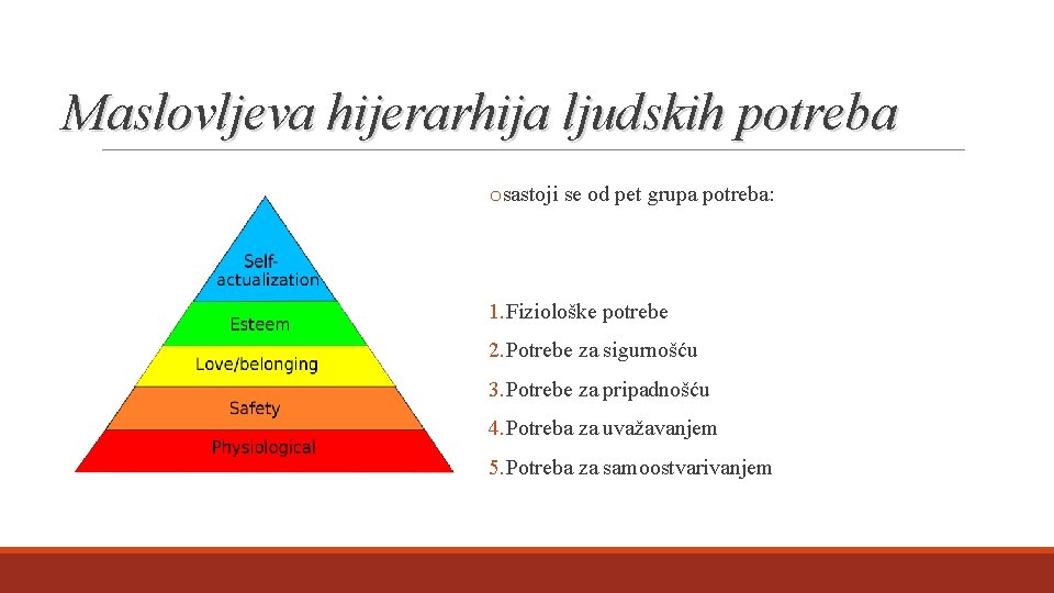 Maslovljeva hijerarhija ljudskih potreba osastoji se od pet grupa potreba: 1. Fiziološke potrebe 2.