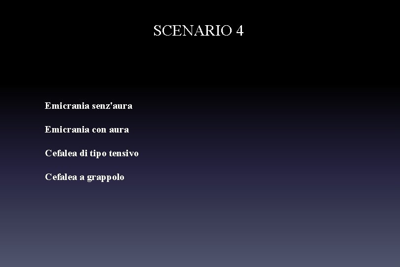 SCENARIO 4 Emicrania senz'aura Emicrania con aura Cefalea di tipo tensivo Cefalea a grappolo