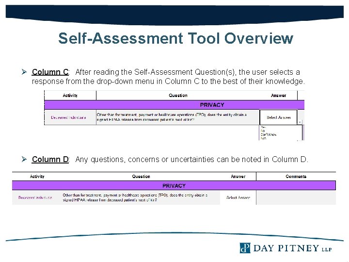 Self-Assessment Tool Overview Ø Column C: After reading the Self-Assessment Question(s), the user selects
